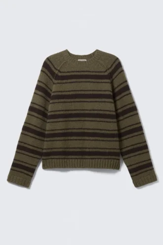 Loose Knitted Raglan Sweater – Striped Khaki Green