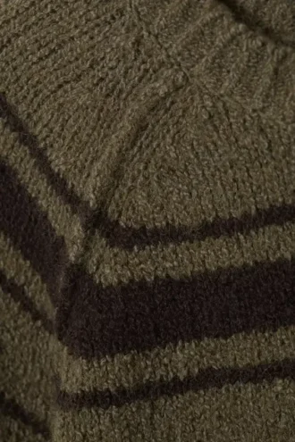 Loose Knitted Raglan Sweater – Striped Khaki Green