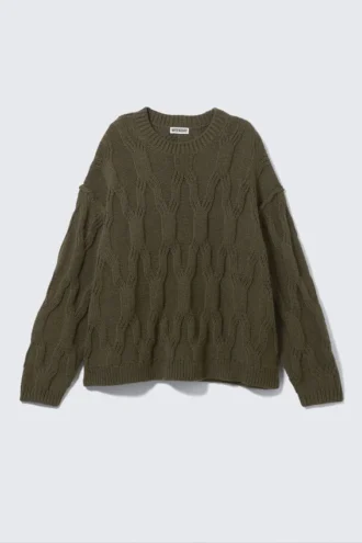 Loose Knitted Structured Sweater – Dark Khaki Green
