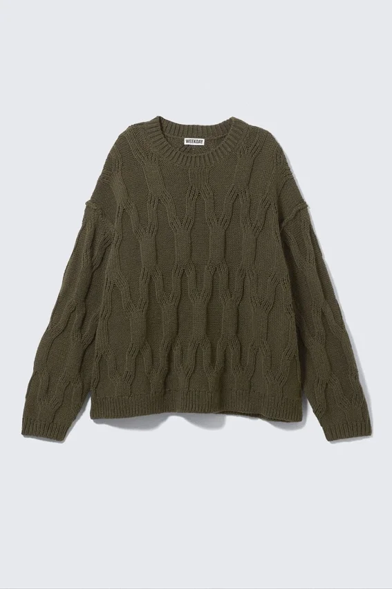 Loose Knitted Structured Sweater – Dark Khaki Green Loose Knitted Structured Sweater – Dark Khaki Green