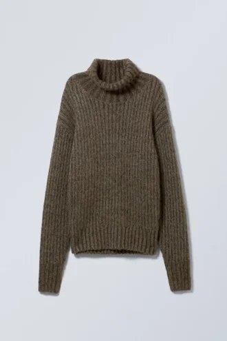 Loose Knitted Turtleneck Sweater – Dark Mole Melange