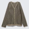 Loose Knitted V-Neck Cardigan – Beige – Black Stripe Loose Knitted V-Neck Cardigan – Beige – Black Stripe
