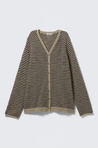Loose Knitted V-Neck Cardigan – Beige – Black Stripe