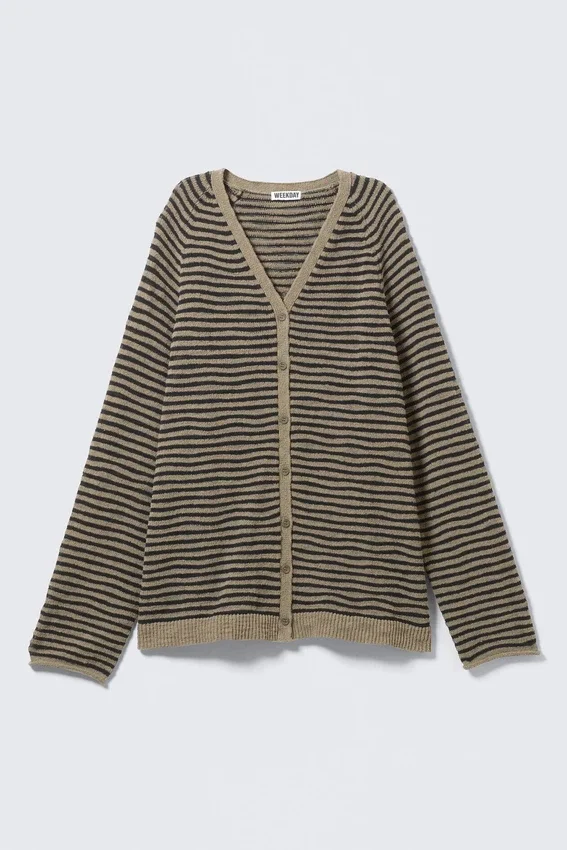 Loose Knitted V-Neck Cardigan – Beige – Black Stripe Loose Knitted V-Neck Cardigan – Beige – Black Stripe