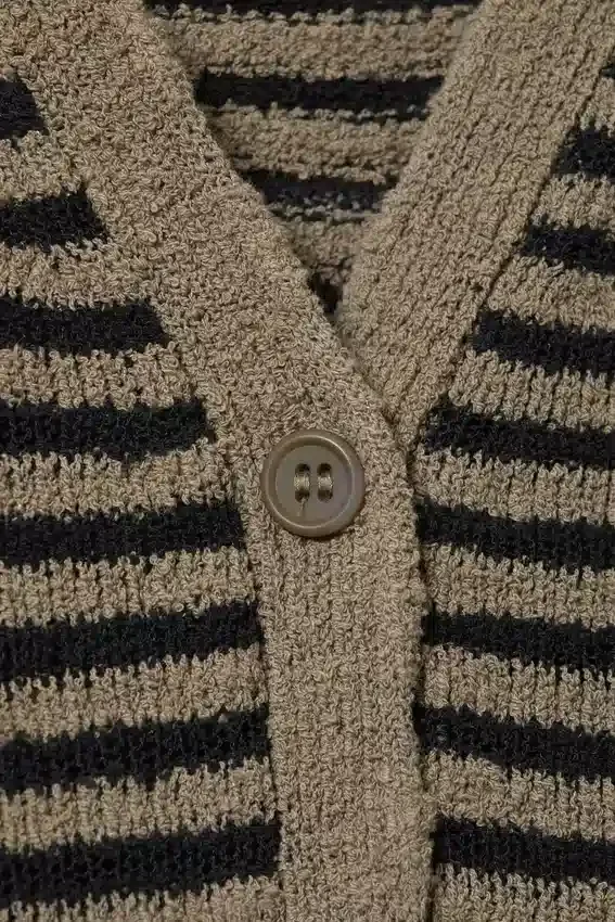 Loose Knitted V-Neck Cardigan – Beige – Black Stripe Loose Knitted V-Neck Cardigan – Beige – Black Stripe