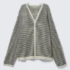 Loose Knitted V-Neck Cardigan – White & Dark Grey Stripes Loose Knitted V-Neck Cardigan – White & Dark Grey Stripes
