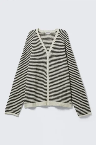 Loose Knitted V-Neck Cardigan – White & Dark Grey Stripes
