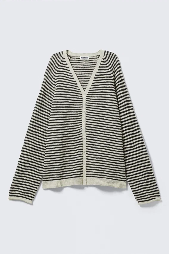 Loose Knitted V-Neck Cardigan – White & Dark Grey Stripes Loose Knitted V-Neck Cardigan – White & Dark Grey Stripes
