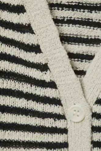 Loose Knitted V-Neck Cardigan – White & Dark Grey Stripes