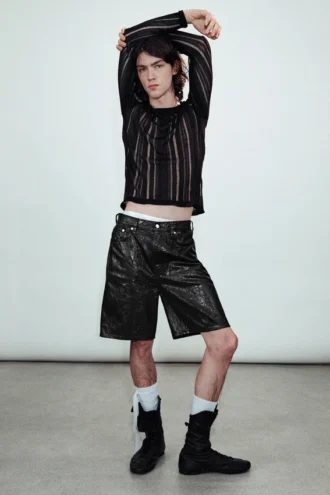 Loose Low Rise Coated Denim Shorts – Black