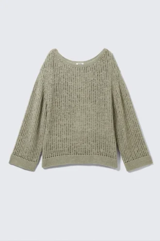 Loose Open-Knit Side Slit Sweater – Khaki Green