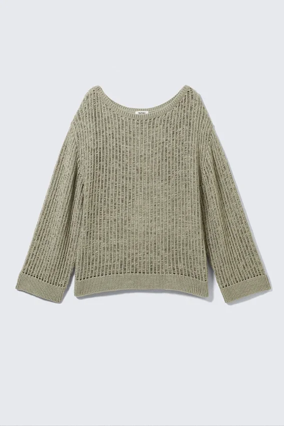 Loose Open-Knit Side Slit Sweater – Khaki Green Loose Open-Knit Side Slit Sweater – Khaki Green