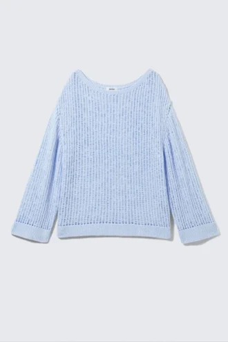 Loose Open-Knit Side Slit Sweater – Light Blue