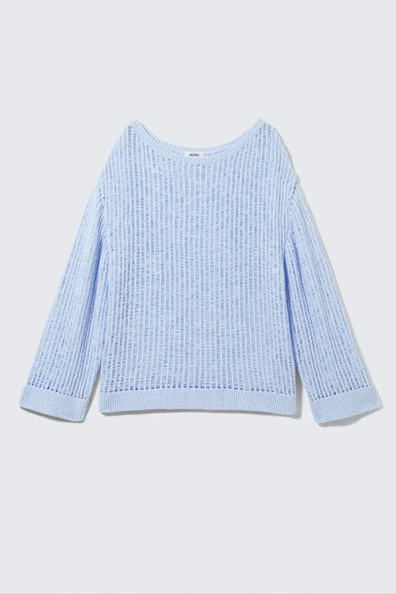 Loose Open-Knit Side Slit Sweater – Light Blue Loose Open-Knit Side Slit Sweater – Light Blue