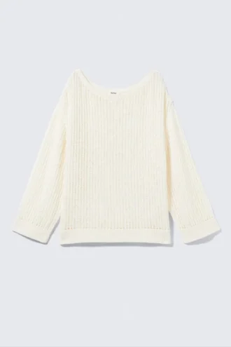 Loose Open-Knit Side Slit Sweater – White