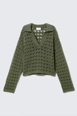 Loose Open-Knit Sweater – Dark Khaki Green