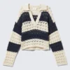 Loose Open-Knit Sweater – White & Dark Blue Stripe Loose Open-Knit Sweater – White & Dark Blue Stripe