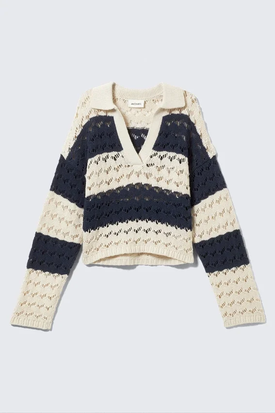 Loose Open-Knit Sweater – White & Dark Blue Stripe Loose Open-Knit Sweater – White & Dark Blue Stripe