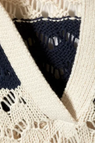 Loose Open-Knit Sweater – White & Dark Blue Stripe