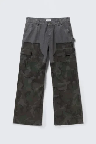 Loose Patchwork Cargo Trousers – Dusty Blue & Camo