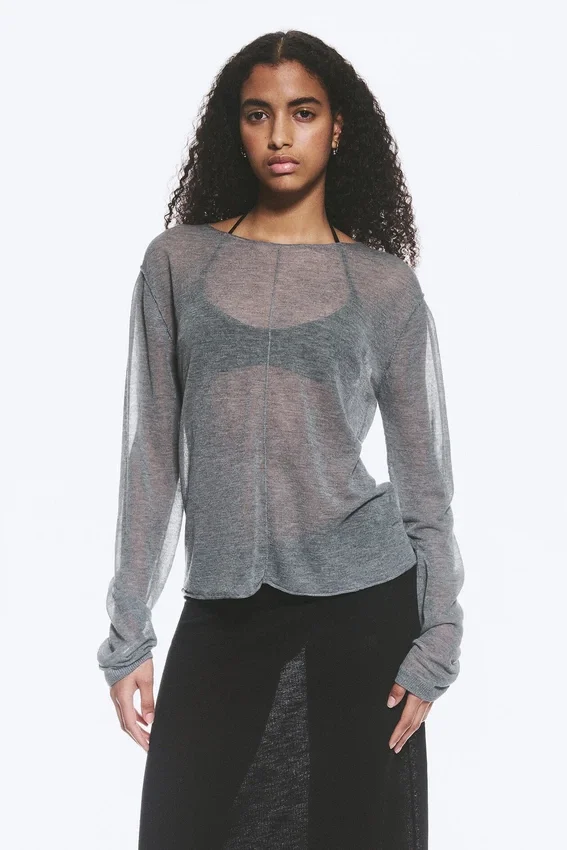 Loose Sheer Knitted Sweater – Grey Melange Loose Sheer Knitted Sweater – Grey Melange