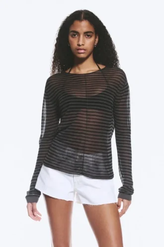 Loose Sheer Knitted Sweater – Striped Dark Grey