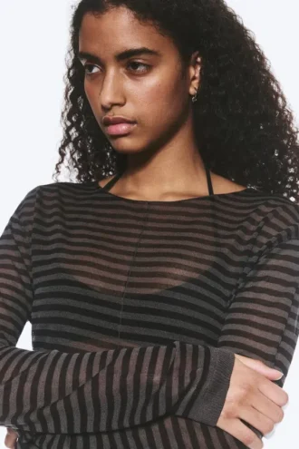 Loose Sheer Knitted Sweater – Striped Dark Grey