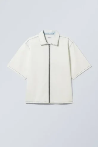 Loose Short Sleeve Denim Zip Shirt – Blotch Blue Loose Short Sleeve Denim Zip Shirt – Blotch Blue