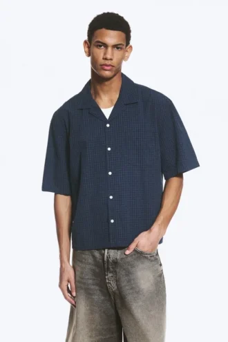 Loose Short-Sleeved Resort Shirt – Checked Dark Blue Loose Short-Sleeved Resort Shirt – Checked Dark Blue