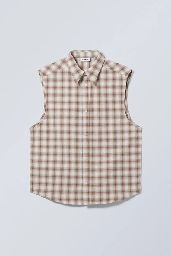 Loose Sleeveless Shirt – Beige Check Loose Sleeveless Shirt – Beige Check