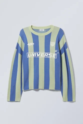Loose Soccer Team Knitted Sweater – Green & Blue Stripe