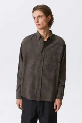 Loose Structured Button-Down Shirt – Checked Dark Brown
