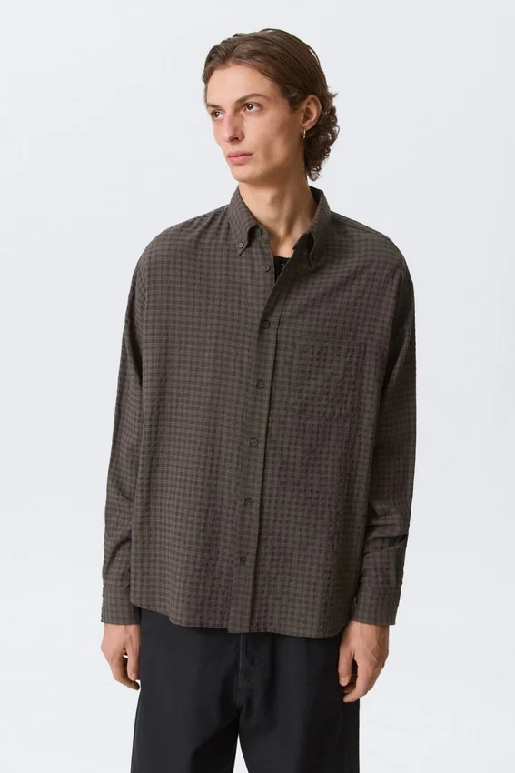 Loose Structured Button-Down Shirt – Checked Dark Brown Loose Structured Button-Down Shirt – Checked Dark Brown