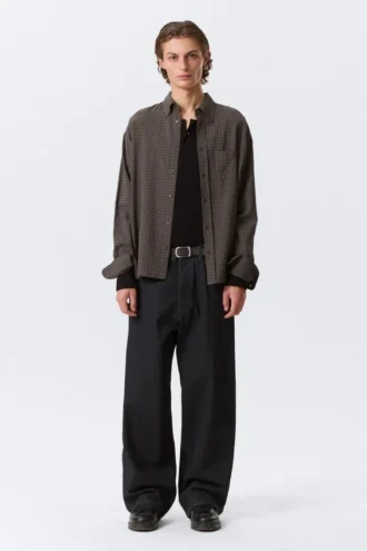 Loose Structured Button-Down Shirt – Checked Dark Brown