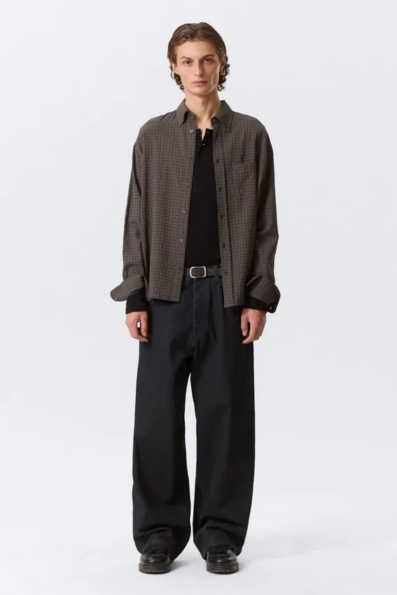 Loose Structured Button-Down Shirt – Checked Dark Brown Loose Structured Button-Down Shirt – Checked Dark Brown