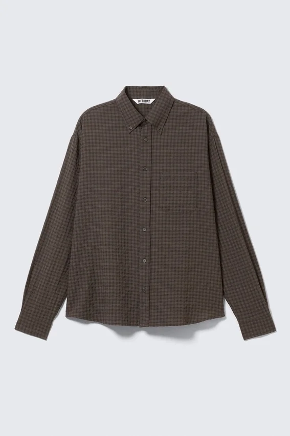 Loose Structured Button-Down Shirt – Checked Dark Brown Loose Structured Button-Down Shirt – Checked Dark Brown
