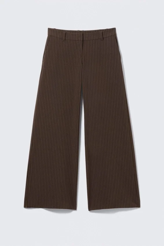 Low Flared Suit Trousers – Striped Dark Brown Low Flared Suit Trousers – Striped Dark Brown