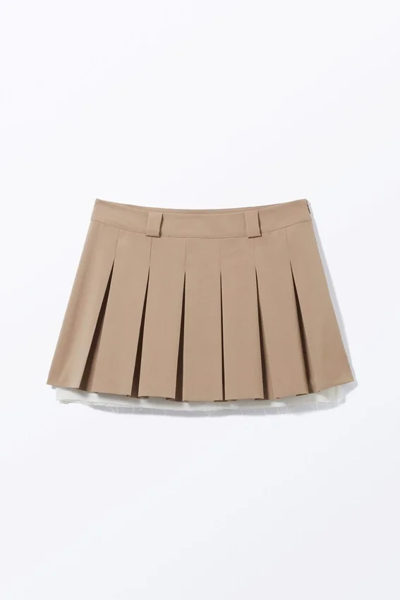 Low Pleated Mini Skirt – Dusty Beige Low Pleated Mini Skirt – Dusty Beige