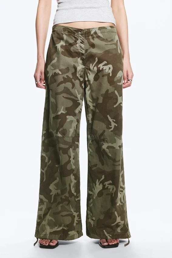 Low Rise Baggy Ripstop Trousers – Khaki Green – Camo Low Rise Baggy Ripstop Trousers – Khaki Green – Camo
