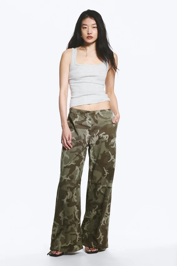 Low Rise Baggy Ripstop Trousers – Khaki Green – Camo Low Rise Baggy Ripstop Trousers – Khaki Green – Camo