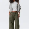 Low Rise Baggy Washed Canvas Trousers – Washed Dark Khaki Green Low Rise Baggy Washed Canvas Trousers – Washed Dark Khaki Green