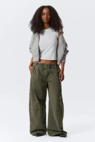 Low Rise Baggy Washed Canvas Trousers – Washed Dark Khaki Green