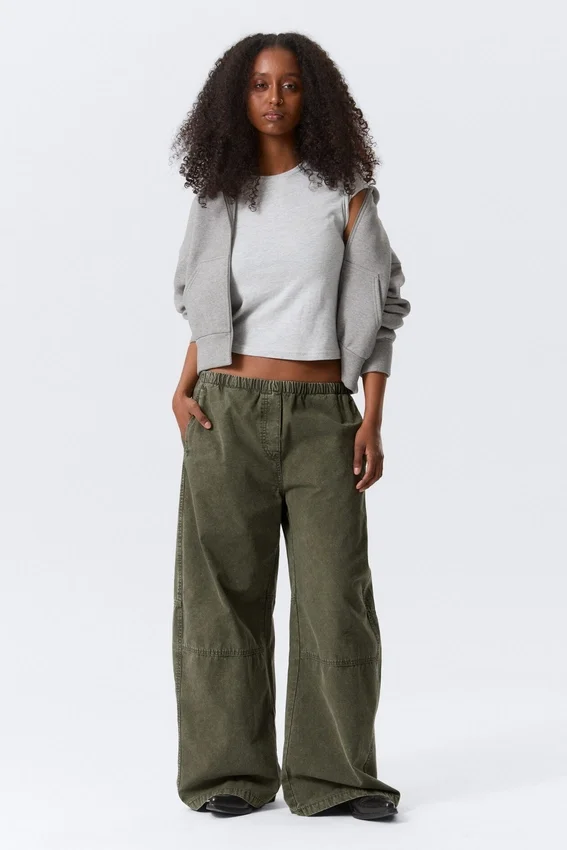 Low Rise Baggy Washed Canvas Trousers – Washed Dark Khaki Green Low Rise Baggy Washed Canvas Trousers – Washed Dark Khaki Green