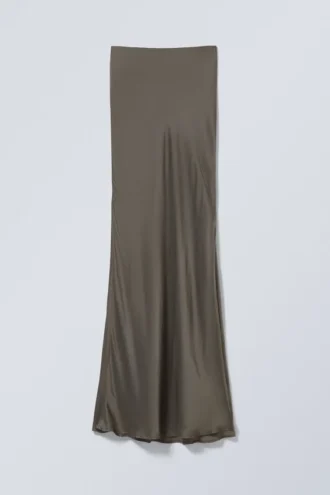 Low Rise Bias-Cut Satin Maxi Skirt – Dark Mole