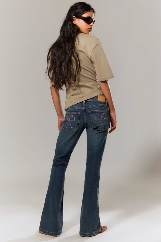 Low Rise Embellished Flared Jeans – Embellished Blue – Dark Blue Low Rise Embellished Flared Jeans – Embellished Blue – Dark Blue
