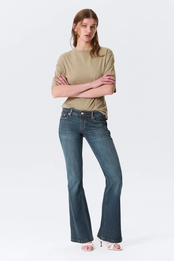 Low Rise Embellished Flared Jeans – Embellished Blue – Dark Blue Low Rise Embellished Flared Jeans – Embellished Blue – Dark Blue