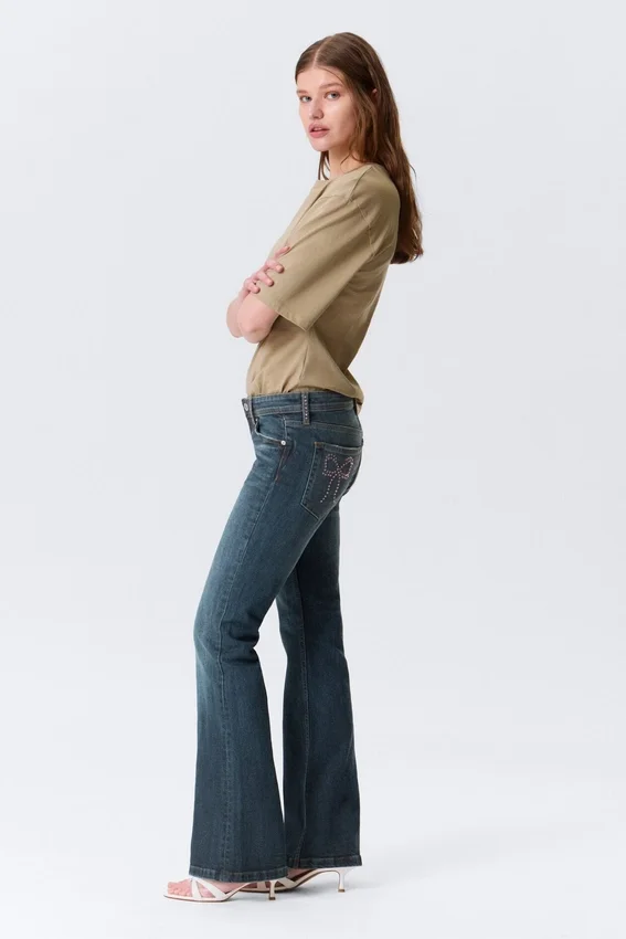 Low Rise Embellished Flared Jeans – Embellished Blue – Dark Blue Low Rise Embellished Flared Jeans – Embellished Blue – Dark Blue