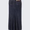 Low Rise Fitted Denim Maxi Skirt – Blue Rinse – Dark Blue Low Rise Fitted Denim Maxi Skirt – Blue Rinse – Dark Blue