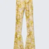 Low Rise Flared Stretch Trousers – Light Yellow – Floral Low Rise Flared Stretch Trousers – Light Yellow – Floral