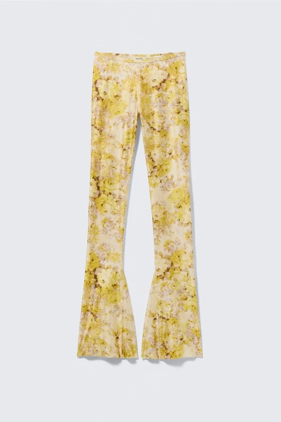 Low Rise Flared Stretch Trousers – Light Yellow – Floral Low Rise Flared Stretch Trousers – Light Yellow – Floral